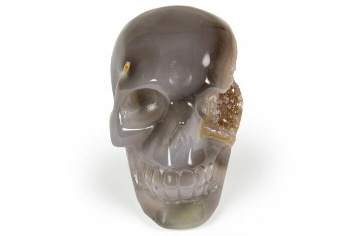 Polished Banded Agate Skull with Quartz Crystal Pocket #237006